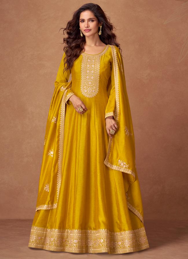 Premium Silk Yellow Ceremonial Wear Embroidery Work Readymade Anarkali Suit